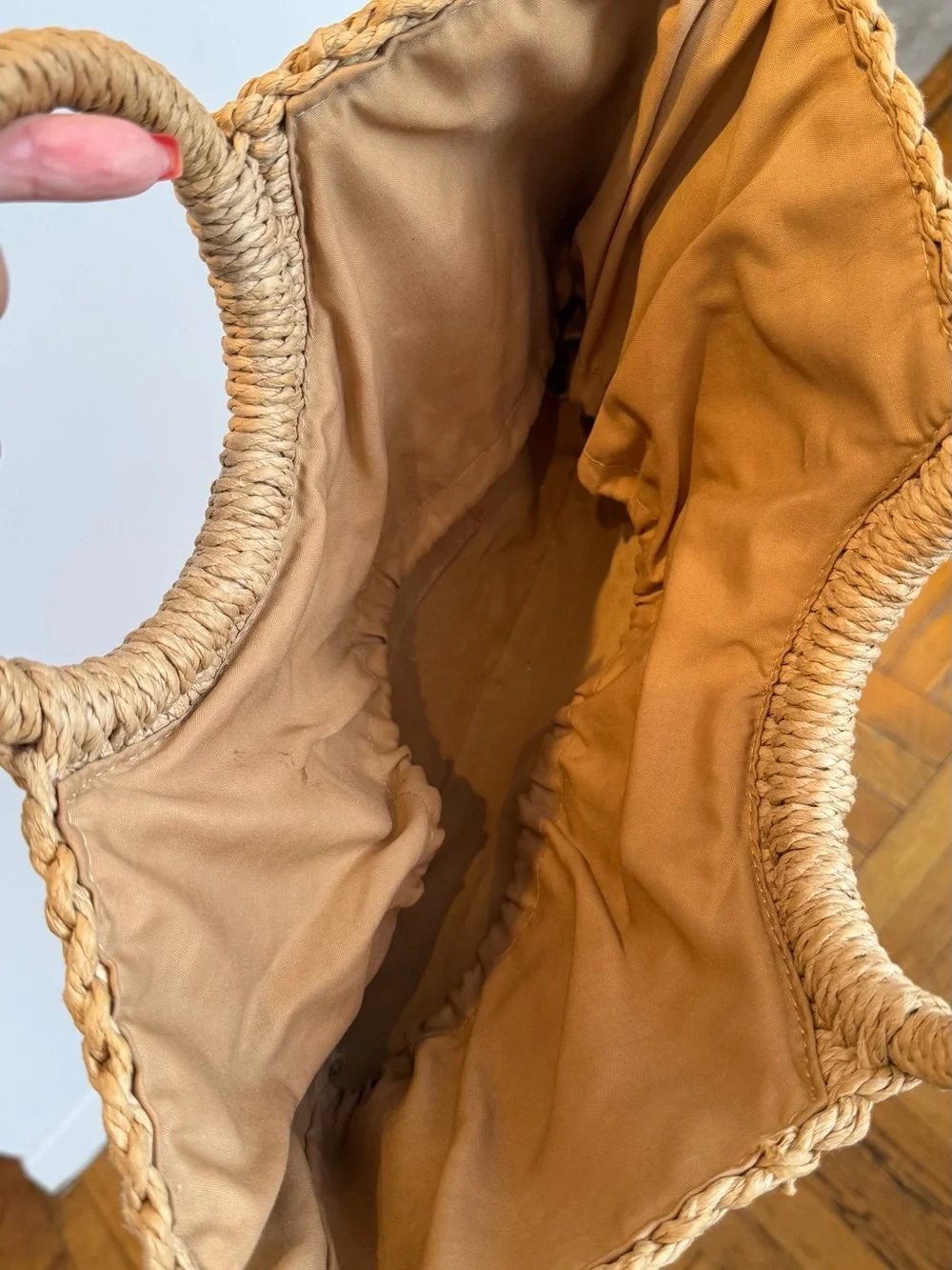 Woven Straw Half-Moon Handbag in Tan